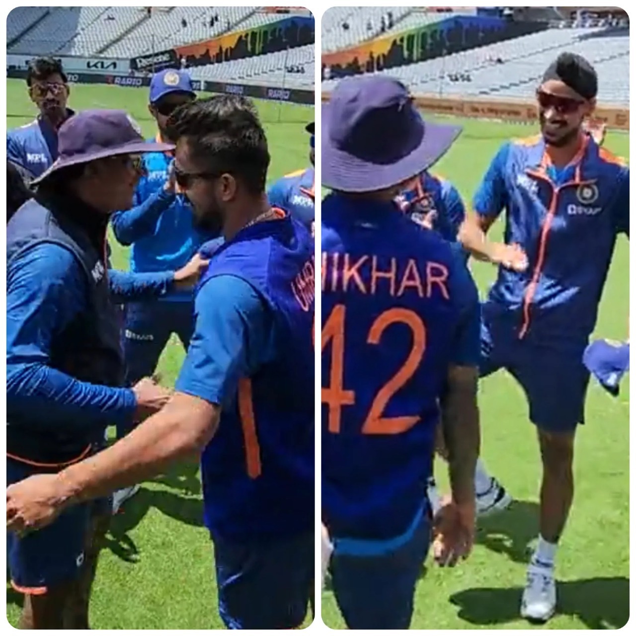 VIDEO: डेब्यू कैप मिलते ही ख़ुशी से झूमे ये दो खिलाड़ी, अर्शदीप ने तो मैदान में ही कर डाला भांगड़ा